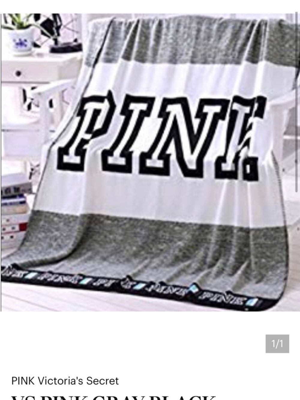 VS PINK GRAY BLACK WHITE FLEECE THROW BLANKET